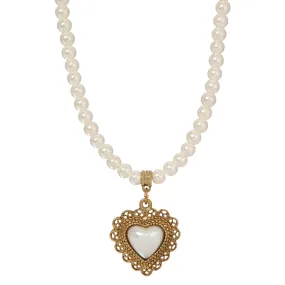 1928 Jewelry Glass Faux Pearl Strand & Faux Pearl Heart Filigree Pendant Necklace 15 + 3 Extension