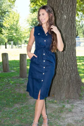 Ahoy There Navy Linen Midi Dress