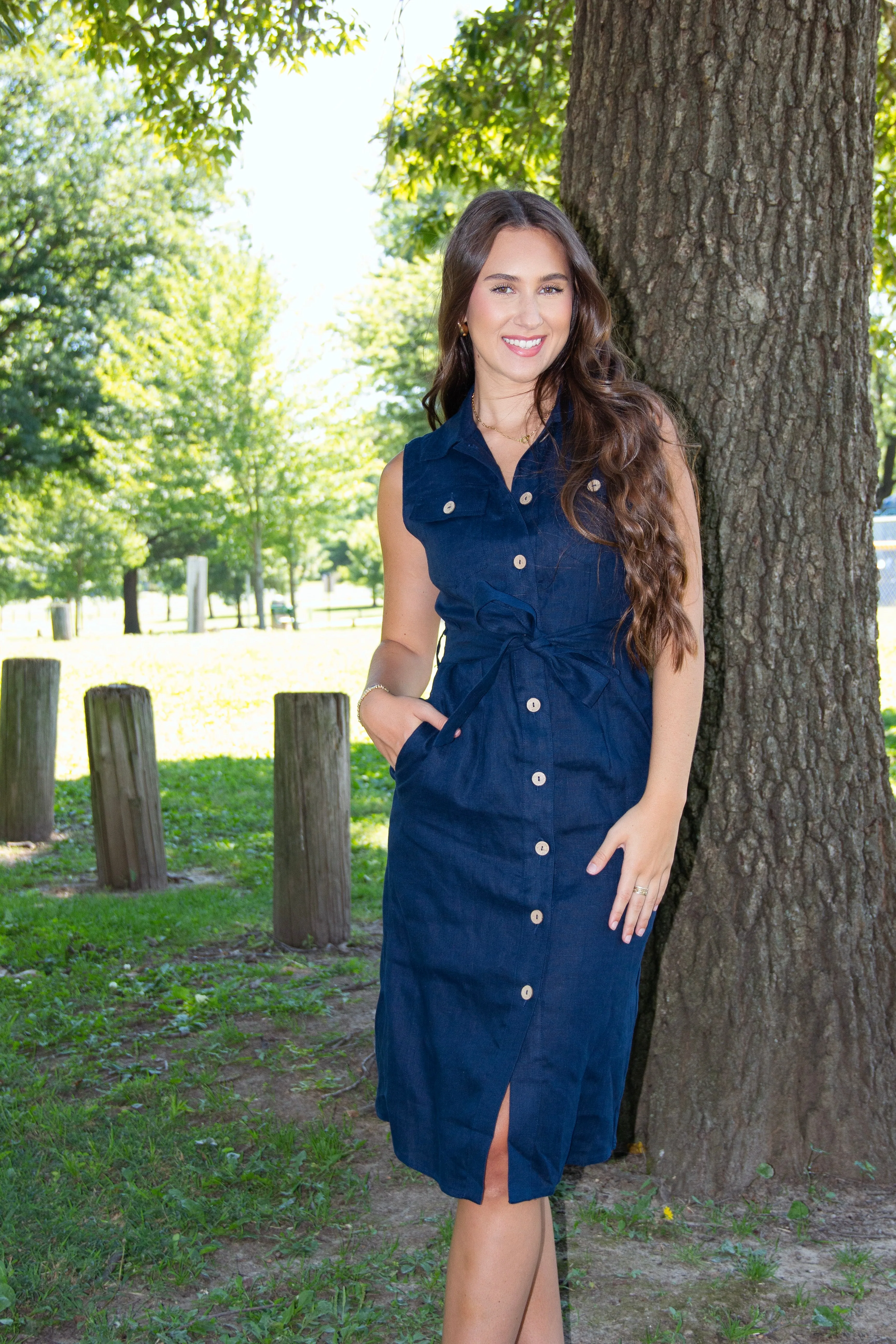 Ahoy There Navy Linen Midi Dress