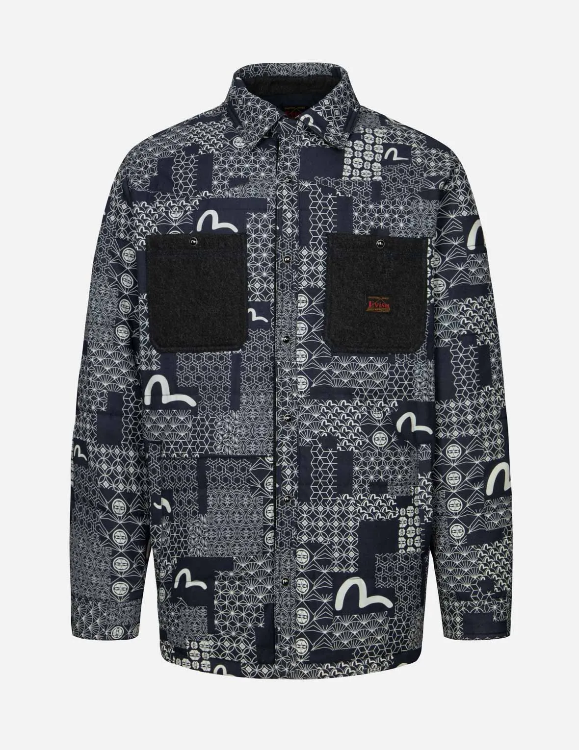 Allover Seagull and Kamon Print Loose Fit Padded Shirt Jacket