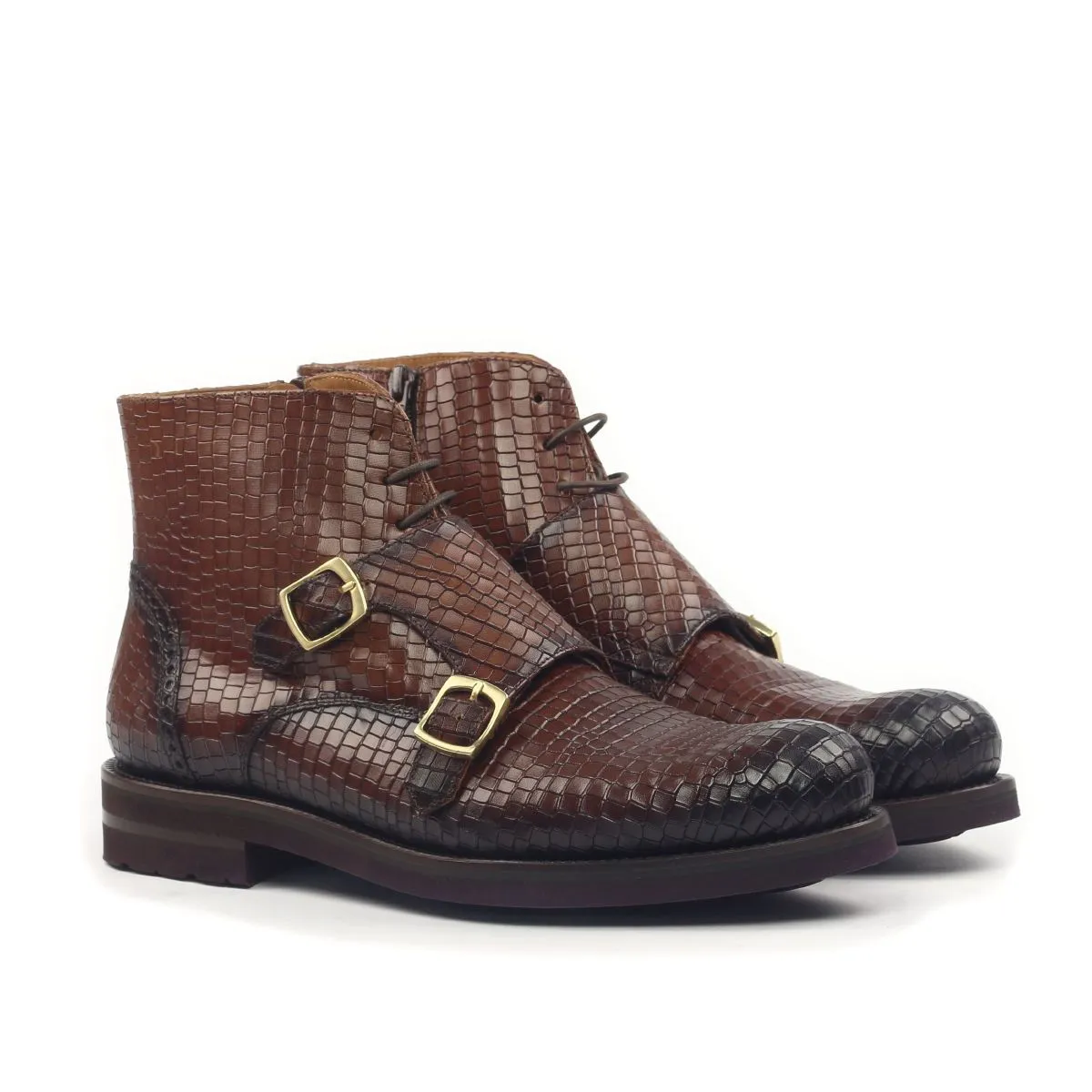 Ambrogio Men's Shoes Brown Crocodile Print / Calf-Skin Leather Monk-Straps Chukka Boots (AMBS2014-RTW)