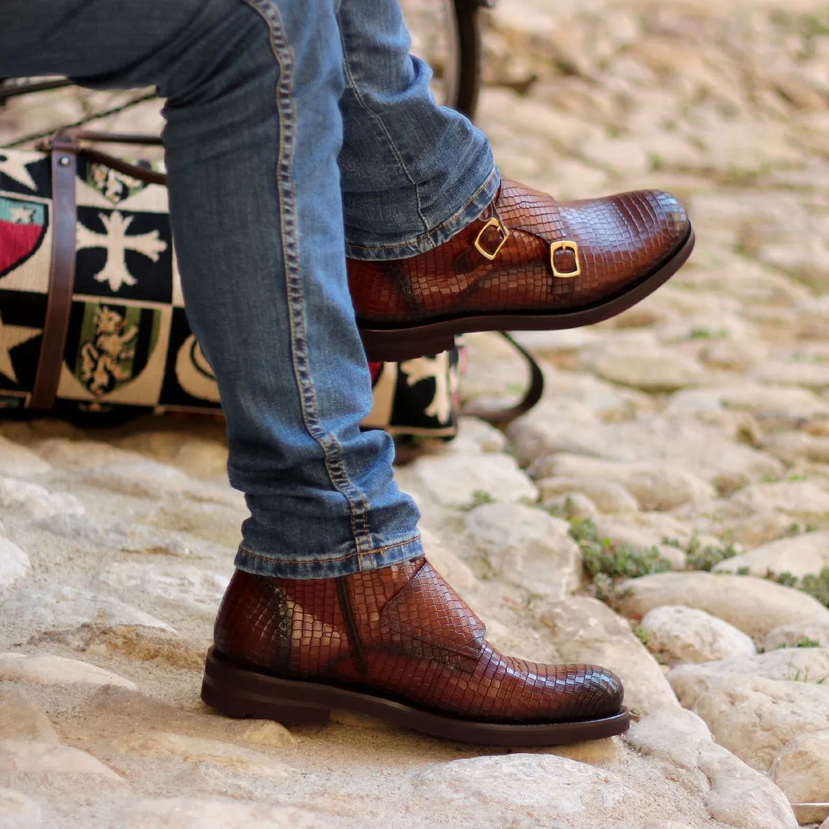 Ambrogio Men's Shoes Brown Crocodile Print / Calf-Skin Leather Monk-Straps Chukka Boots (AMBS2014-RTW)