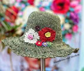 BEAUTIFUL MOSS GREEN BLOSSOM CROCHET HAT