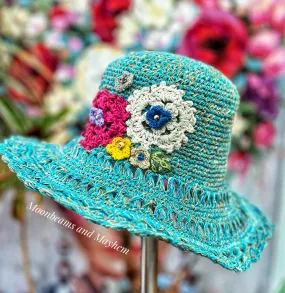 BEAUTIFUL TURQUOISE DREAM BLOSSOM CROCHET HAT M / L