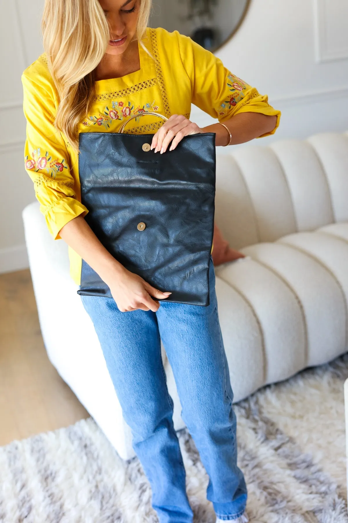 Black Fold Over Faux Leather Clutch