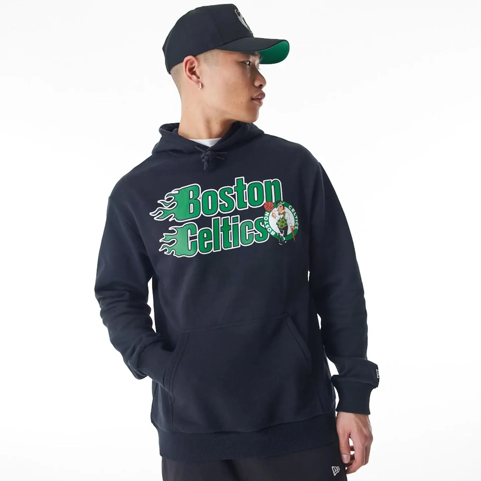 Boston Celtics NBA Flame Print Black Oversized Pullover Hoodie