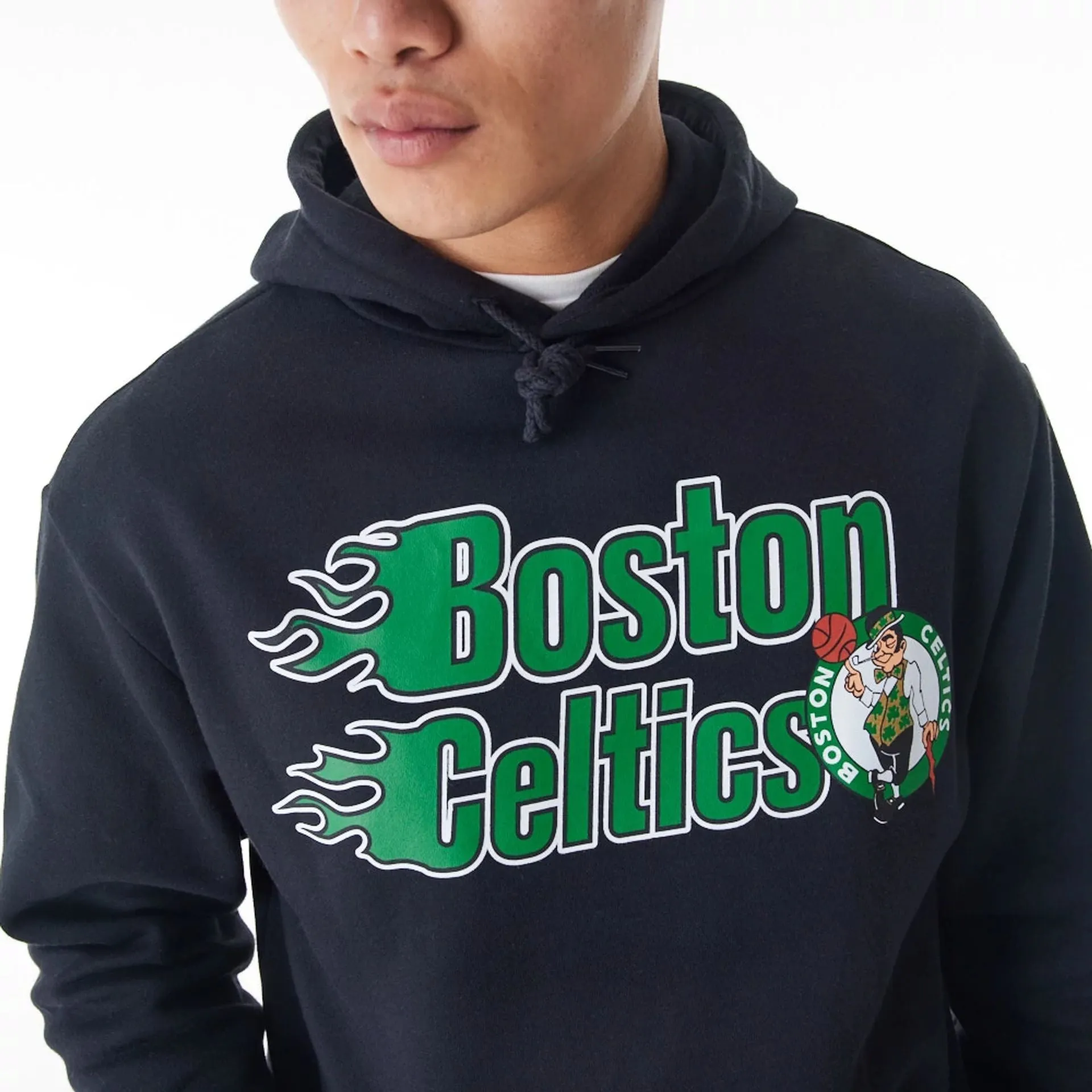 Boston Celtics NBA Flame Print Black Oversized Pullover Hoodie