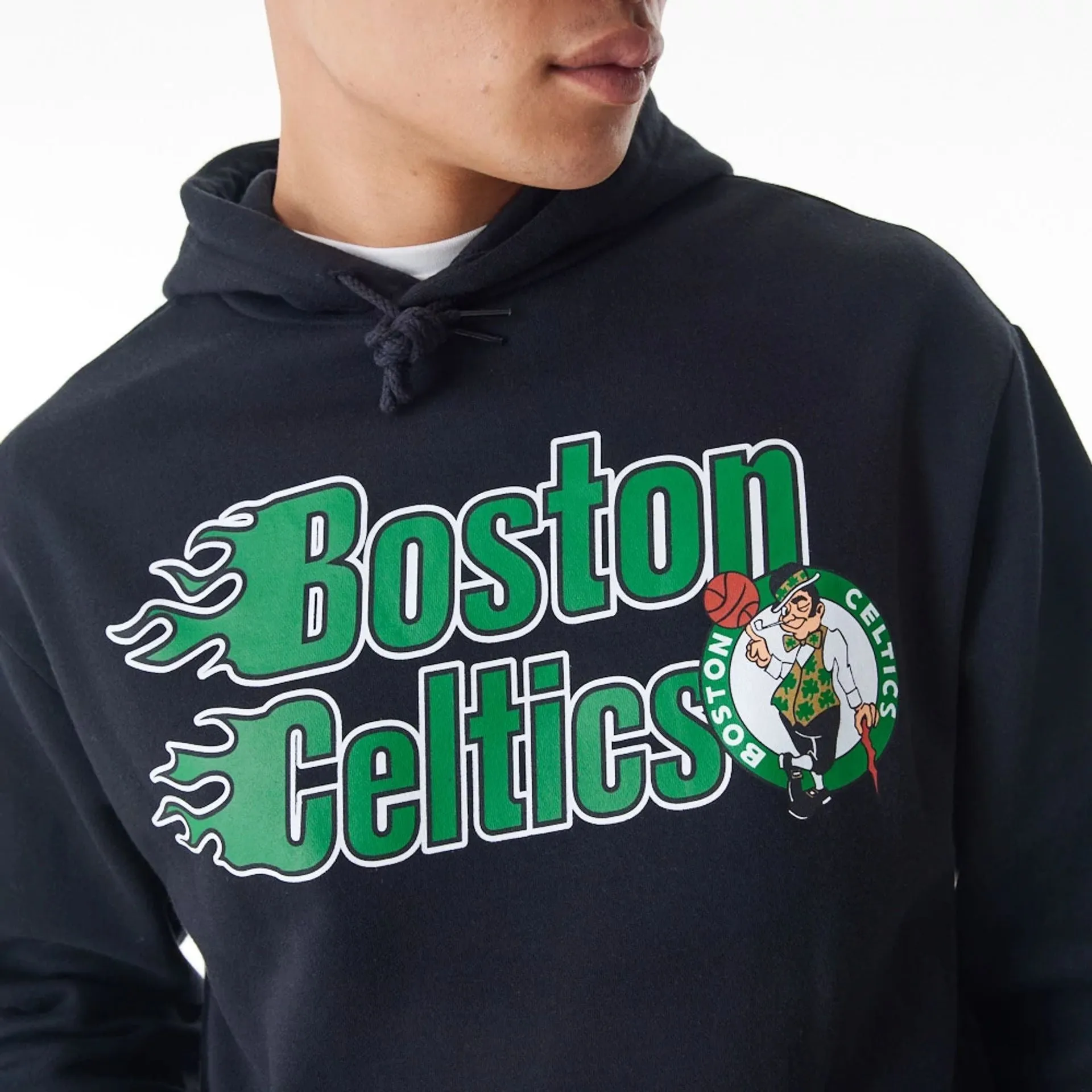 Boston Celtics NBA Flame Print Black Oversized Pullover Hoodie