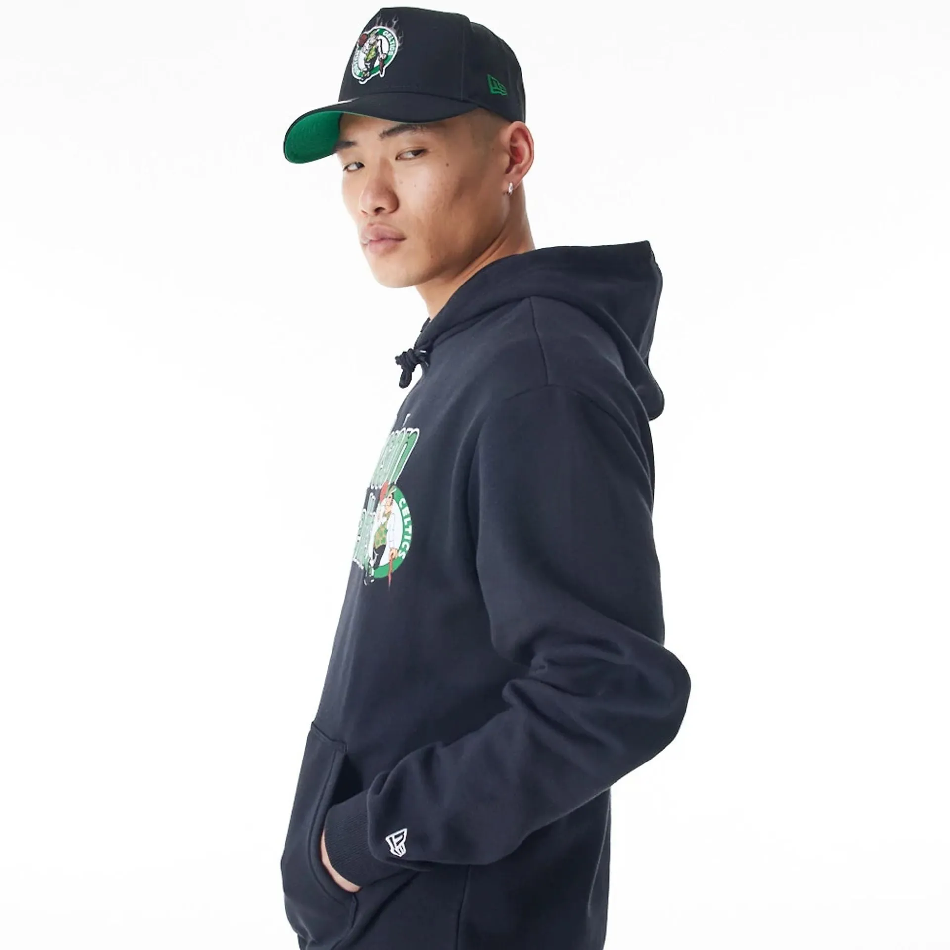 Boston Celtics NBA Flame Print Black Oversized Pullover Hoodie