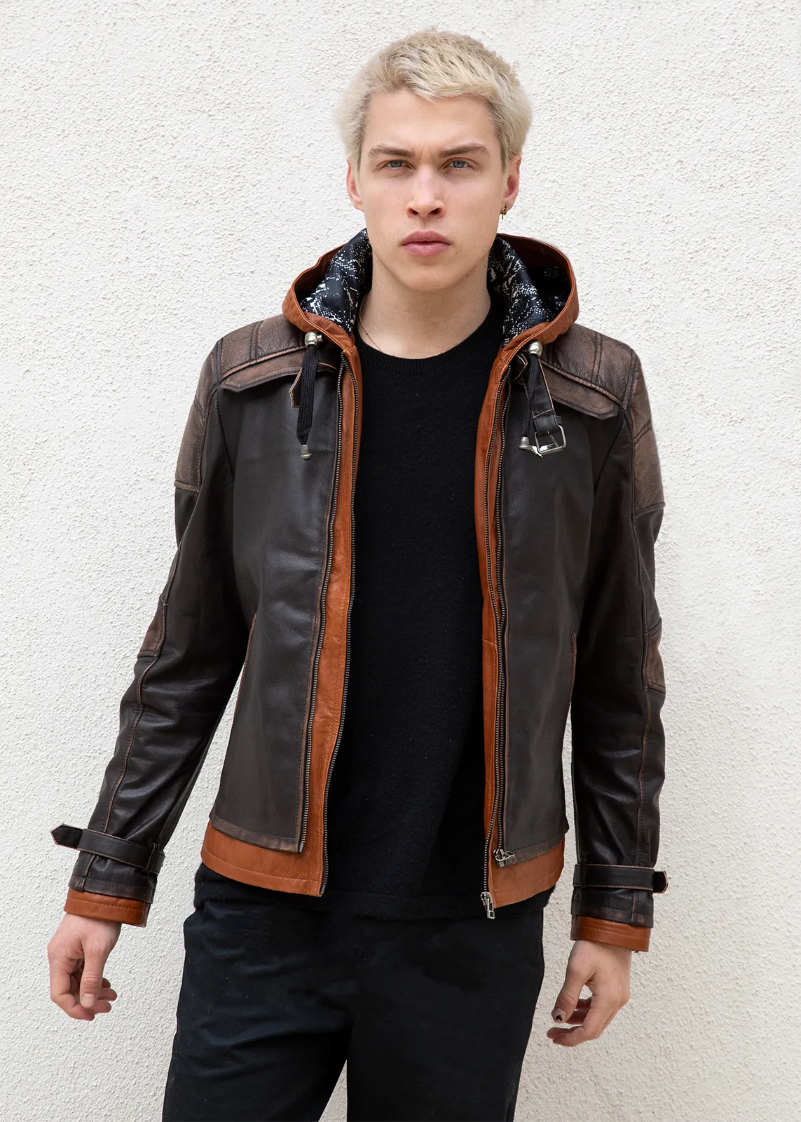 Buy Mens Arkham Knight Brown Hood Leather Jacket | LucaJackets