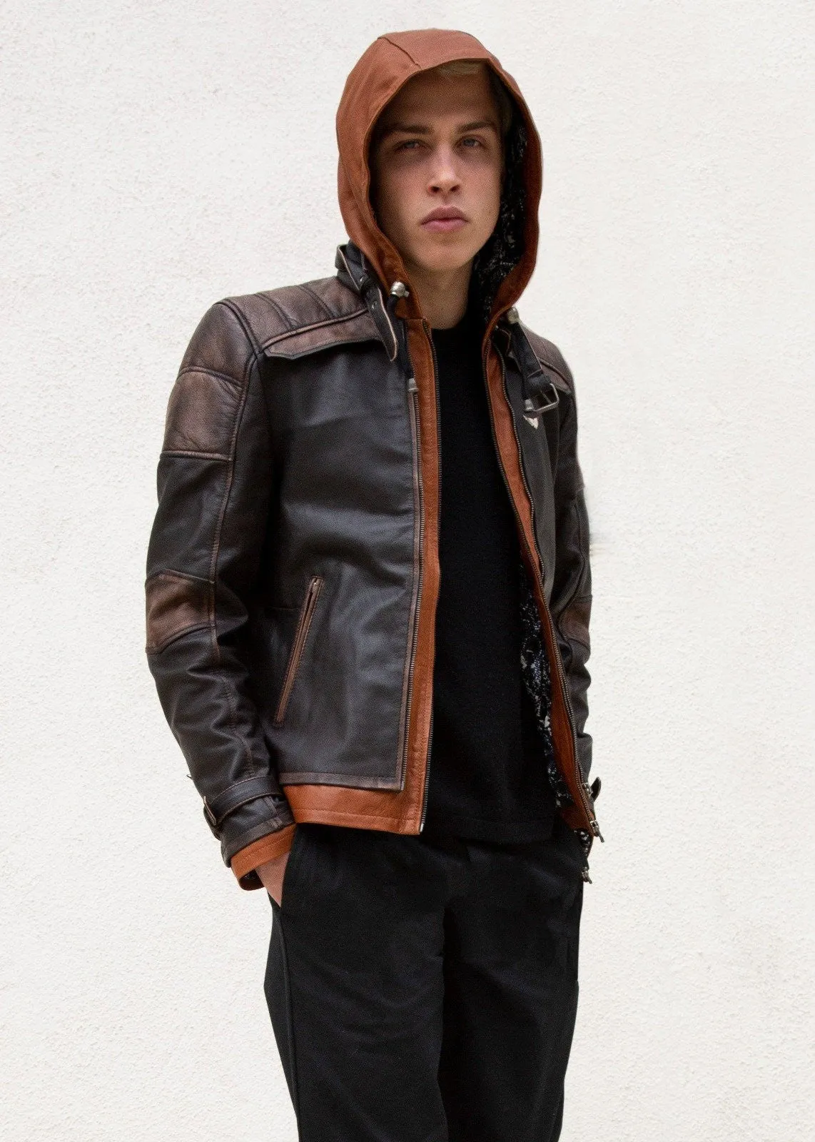 Buy Mens Arkham Knight Brown Hood Leather Jacket | LucaJackets