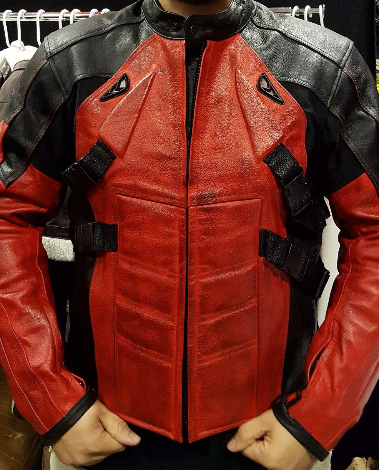 Buy Mens Deadpool Leather Motorcycle Jacket Red & Black + Inserts