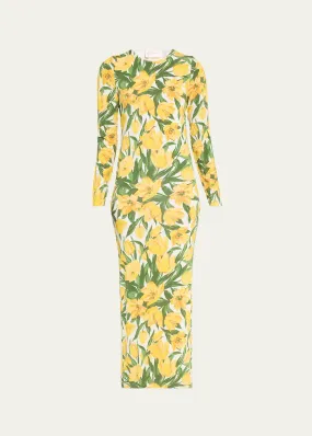 Carolina Herrera Floral Body-Con Long Sleeve Dress