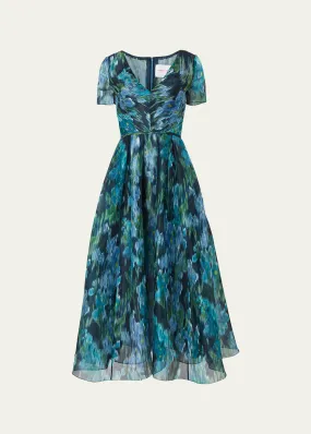 Carolina Herrera Long Abstract V-Neck Silk Dress