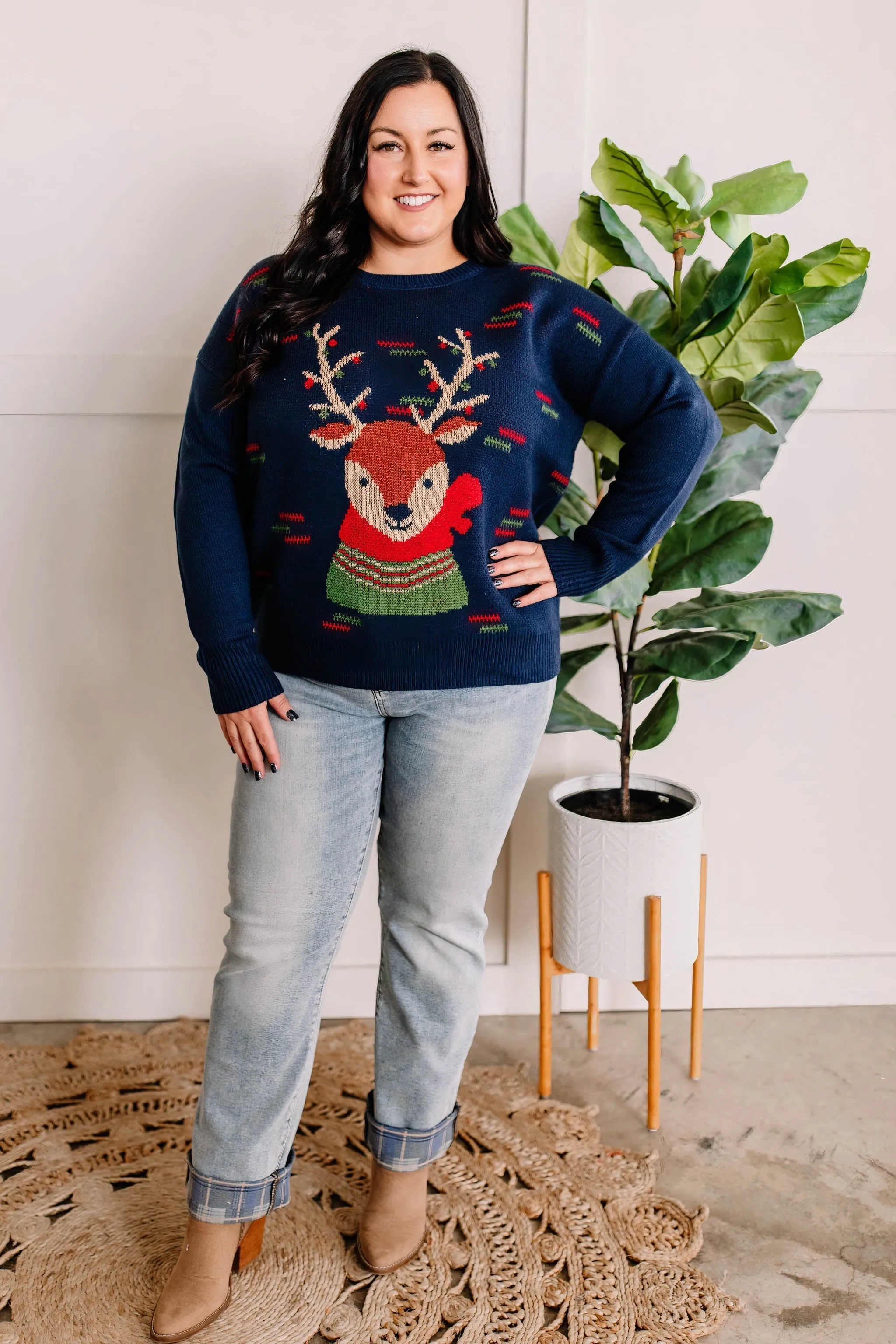 Crew Neck Reindeer Sweater In Navy