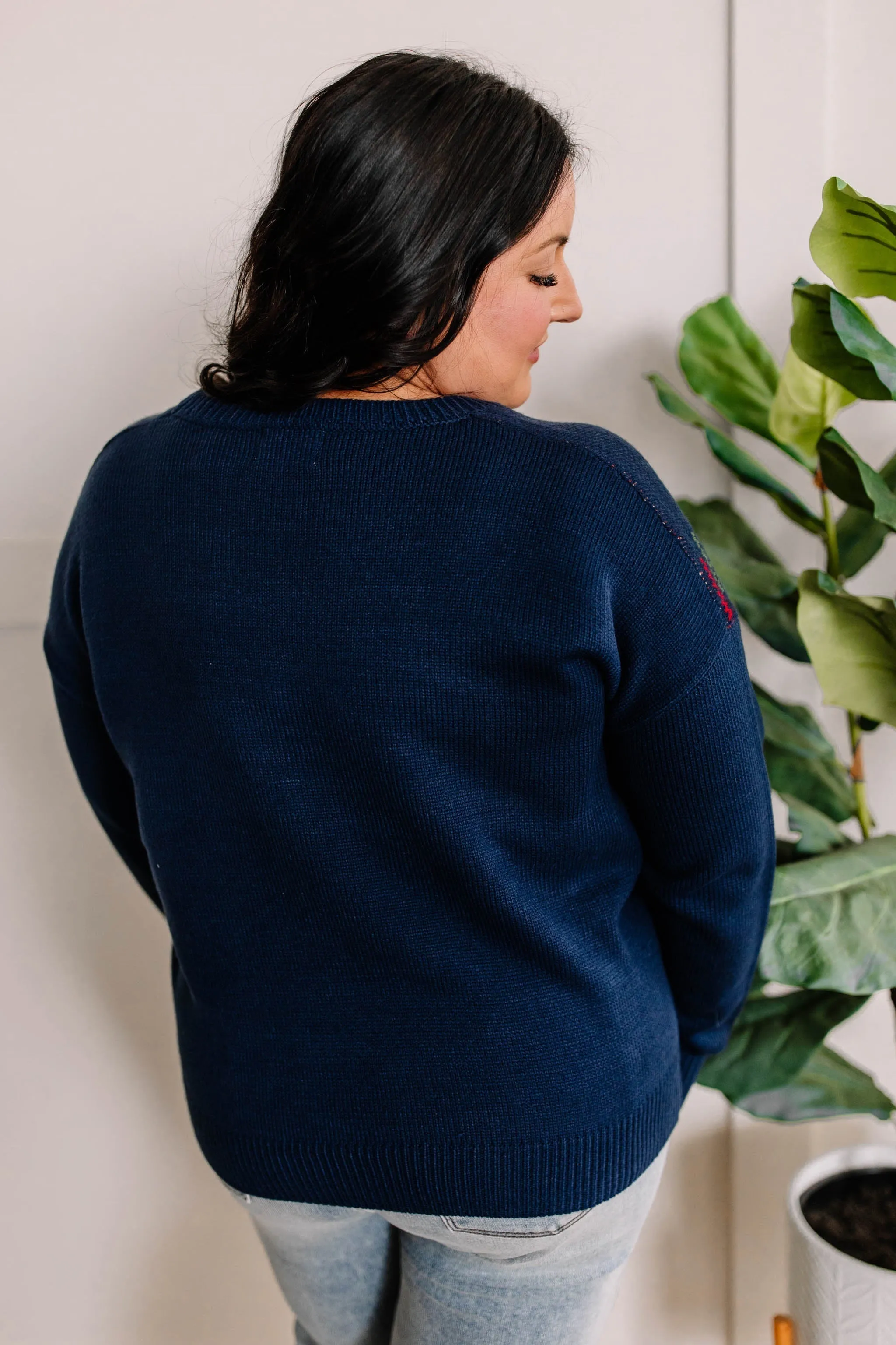 Crew Neck Reindeer Sweater In Navy