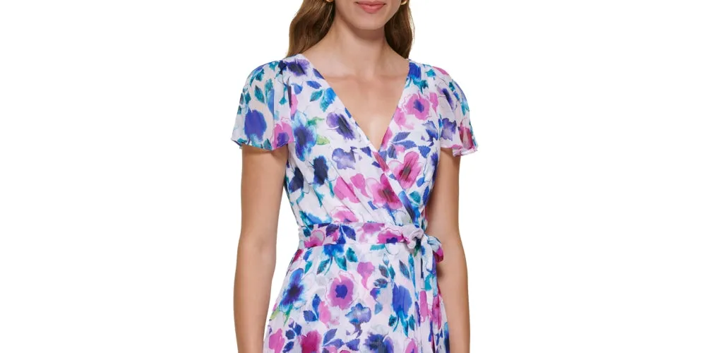 DKNY Women's Floral Print Faux Wrap Dress Blue Size 6