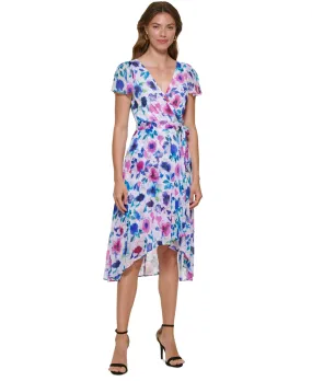 DKNY Women's Floral Print Faux Wrap Dress Blue Size 6