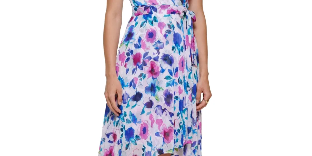 DKNY Women's Floral Print Faux Wrap Dress Blue Size 6