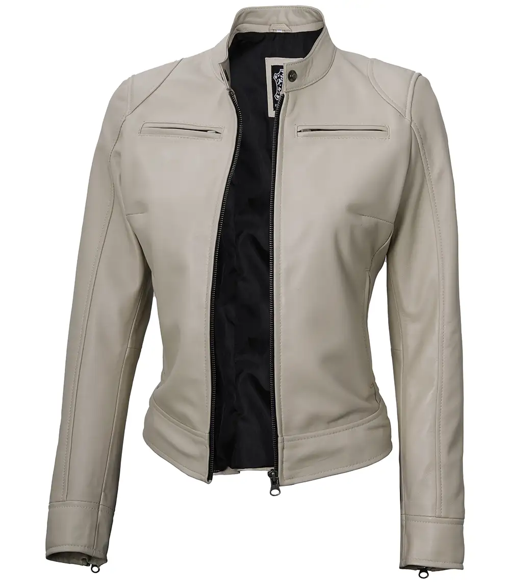 Dodge Women's Cafe Racer Beige Leather Jacket