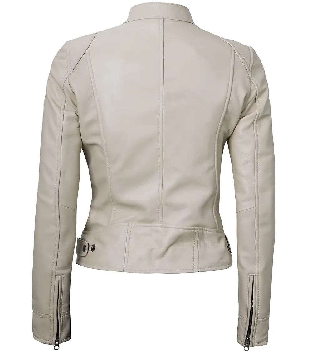 Dodge Women's Cafe Racer Beige Leather Jacket