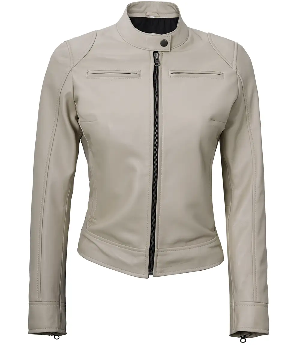 Dodge Women's Cafe Racer Beige Leather Jacket