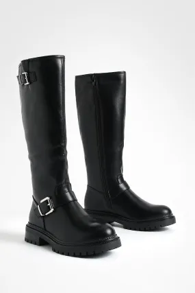 Double Buckle Chunky Flat Knee High Boots