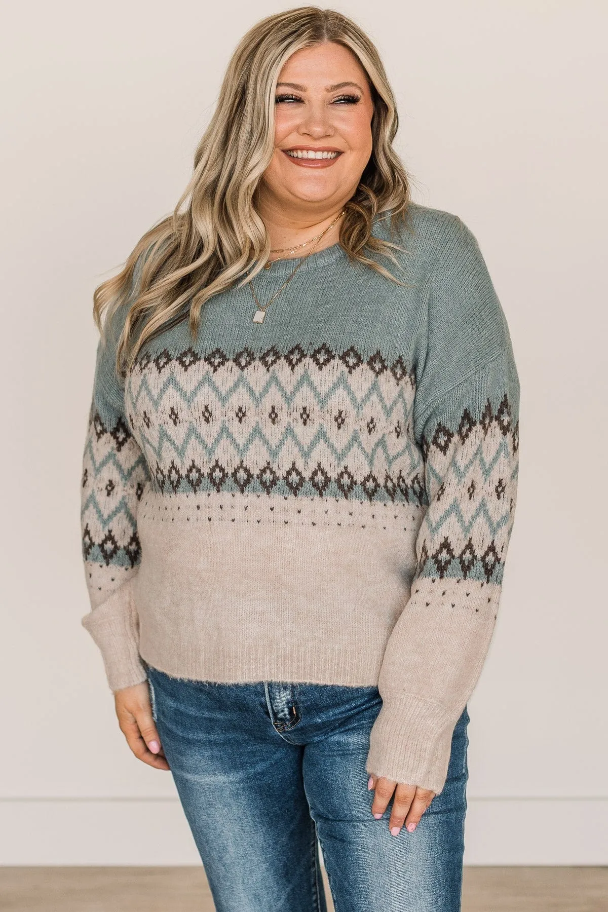 Easy To Believe Knit Sweater- Slate Blue & Cream