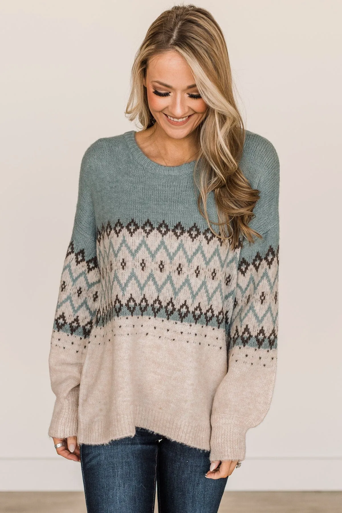 Easy To Believe Knit Sweater- Slate Blue & Cream