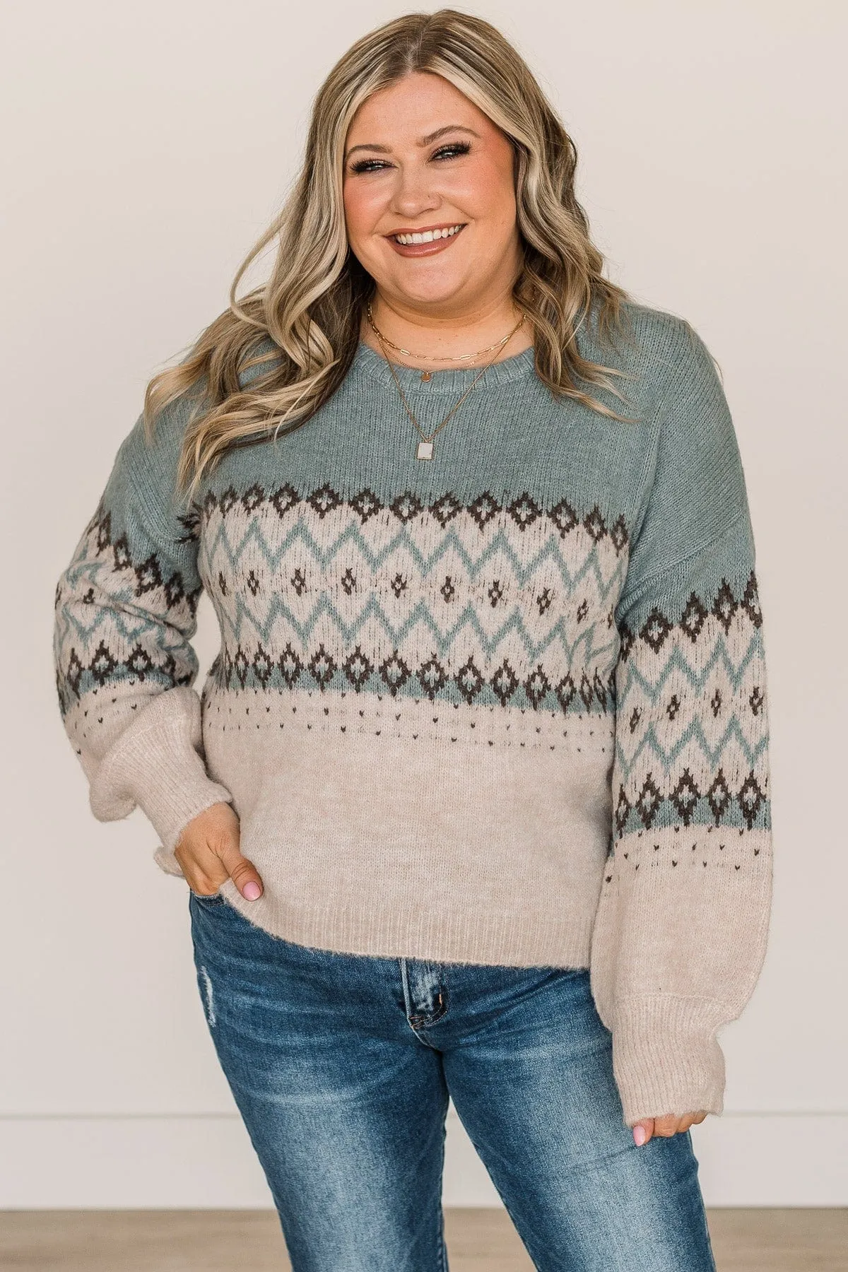 Easy To Believe Knit Sweater- Slate Blue & Cream