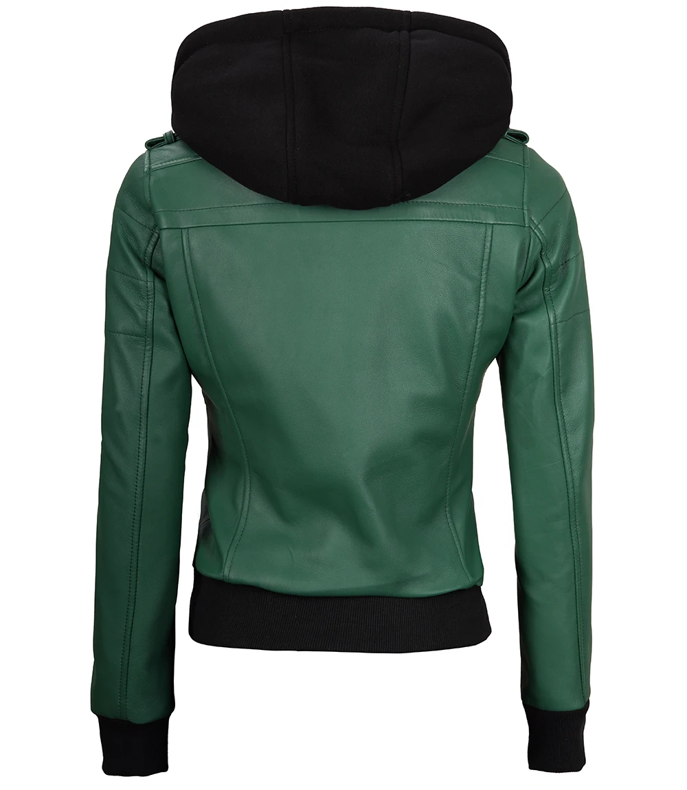 Edinburgh Green Women's Leather Jacket with Removable Hood