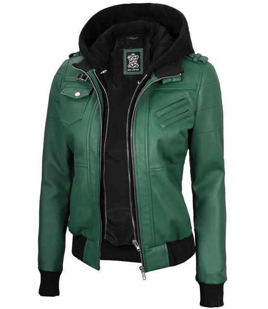 Edinburgh Green Women's Leather Jacket with Removable Hood