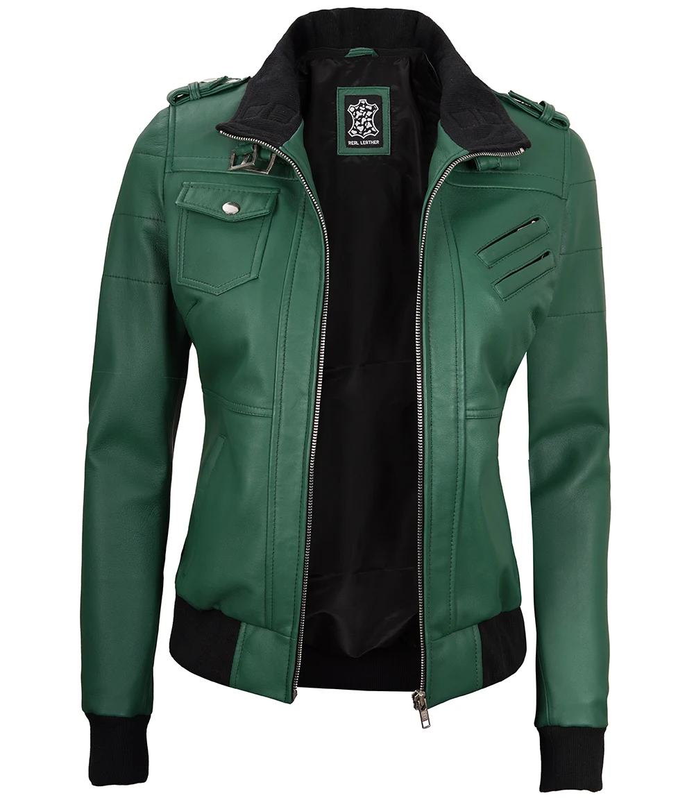 Edinburgh Green Women's Leather Jacket with Removable Hood