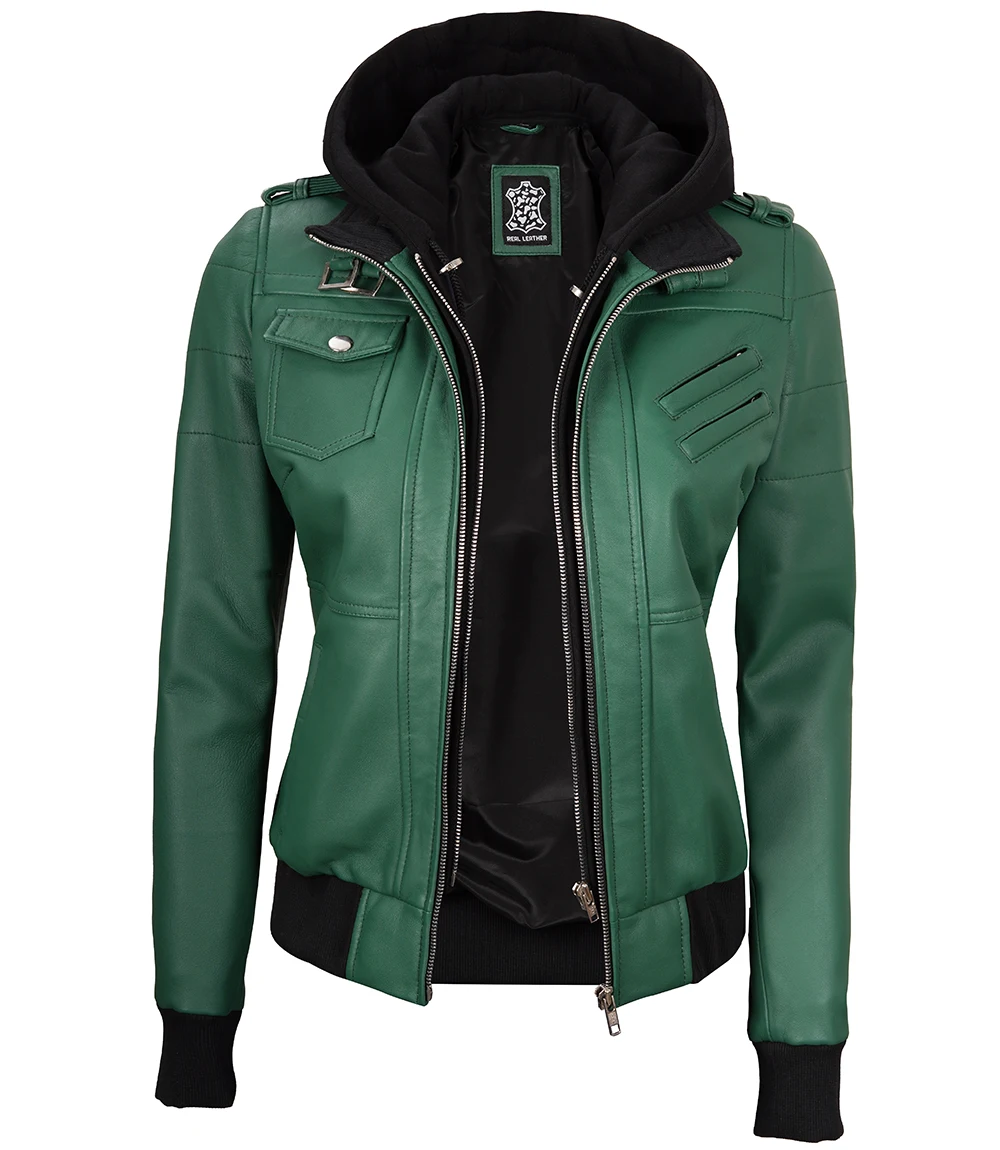 Edinburgh Green Women's Leather Jacket with Removable Hood