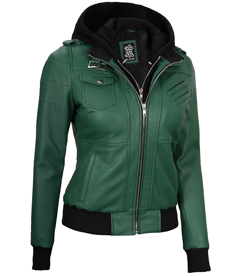 Edinburgh Green Women's Leather Jacket with Removable Hood