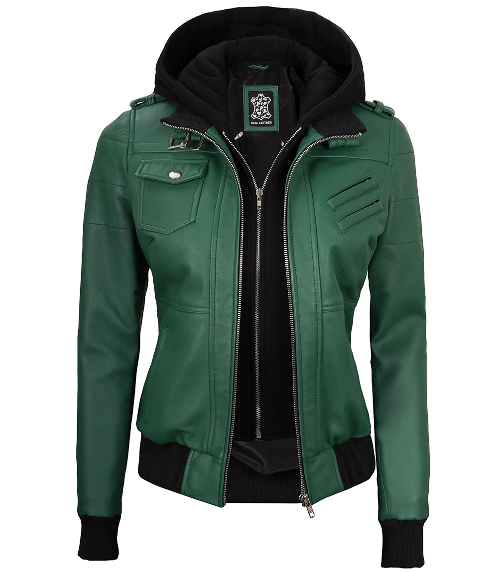 Edinburgh Green Women's Leather Jacket with Removable Hood