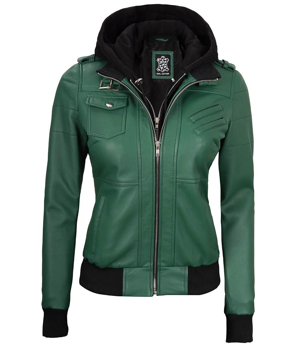 Edinburgh Green Women's Leather Jacket with Removable Hood