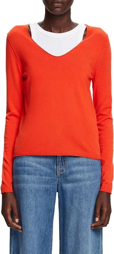 Esprit Fine Viscose V-Neck Soft Sweater In Bright Orange