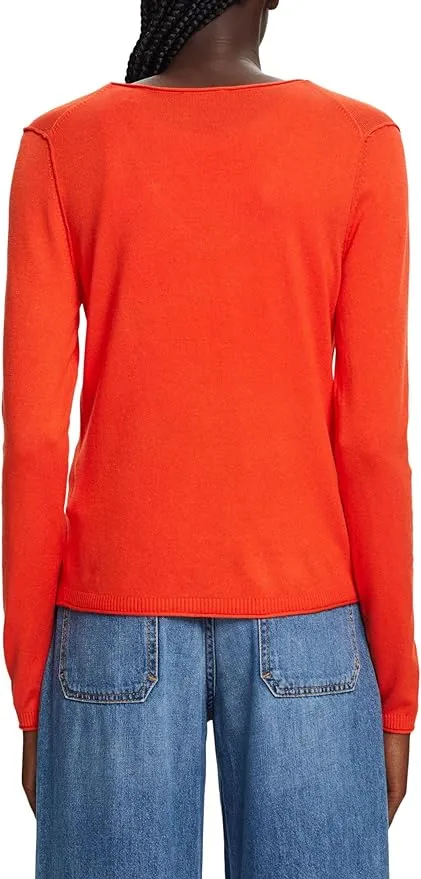 Esprit Fine Viscose V-Neck Soft Sweater In Bright Orange