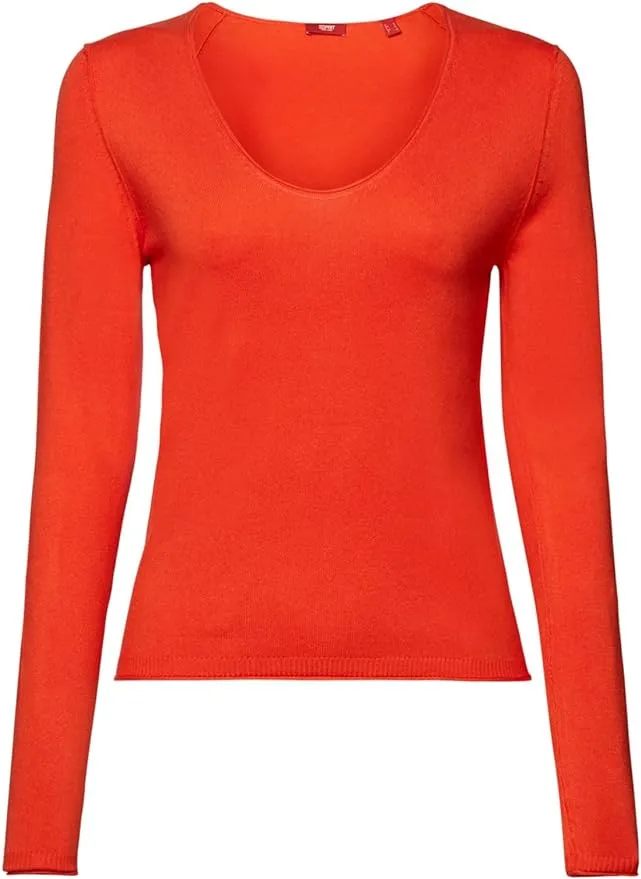 Esprit Fine Viscose V-Neck Soft Sweater In Bright Orange