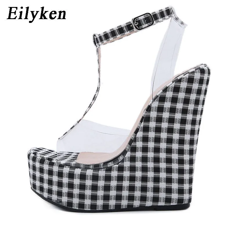 Fashion Gingham Thick Bottoms Wedge Sandals Ankle Buckle Strap