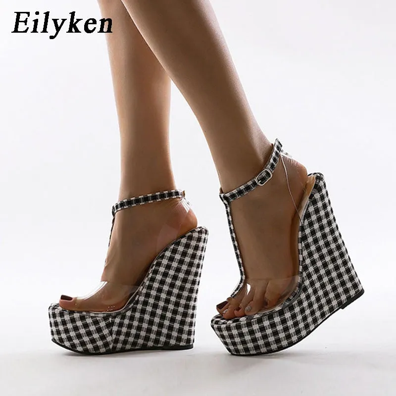 Fashion Gingham Thick Bottoms Wedge Sandals Ankle Buckle Strap