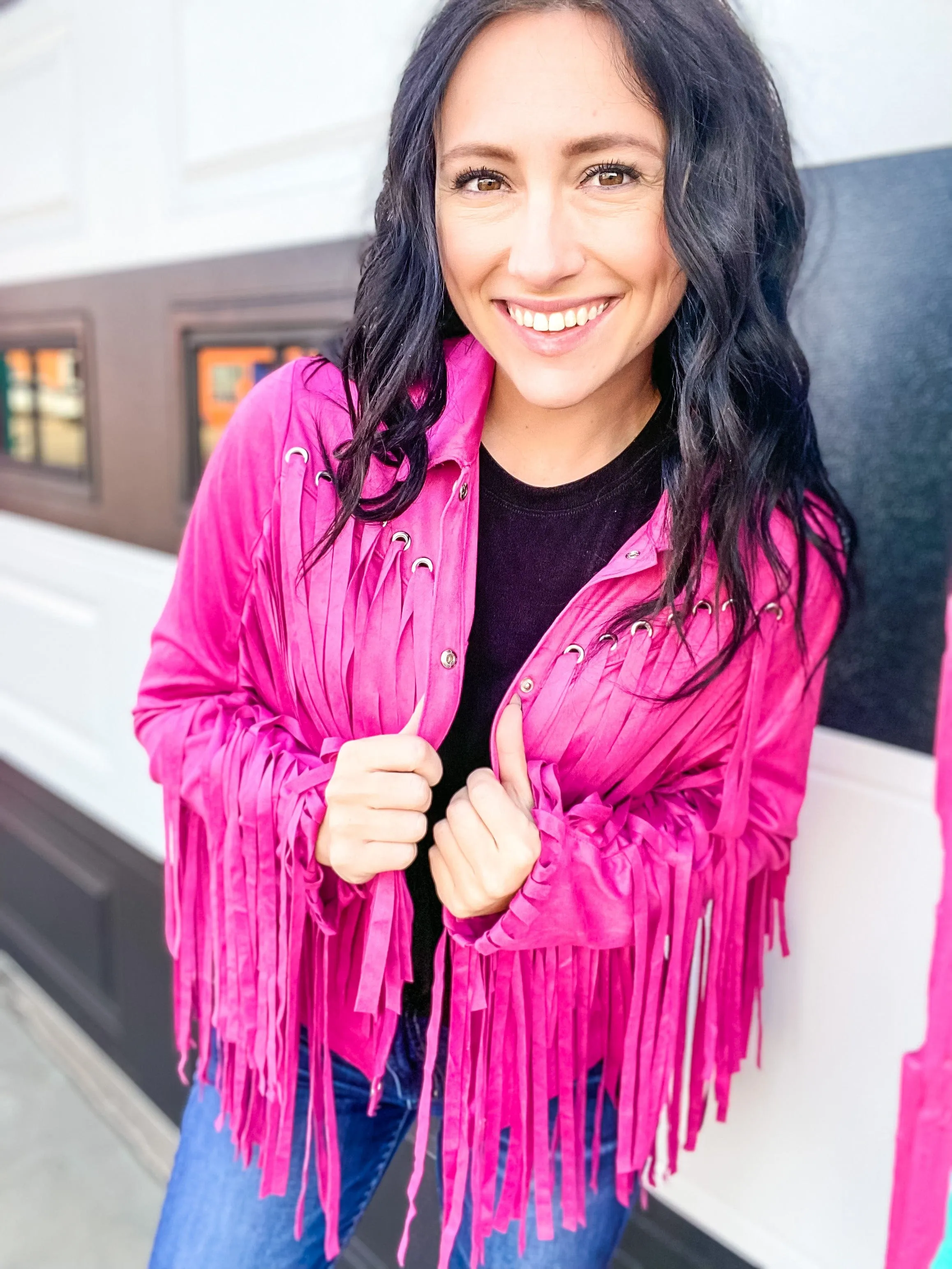 Faux Suede Fringe Jacket-Pink