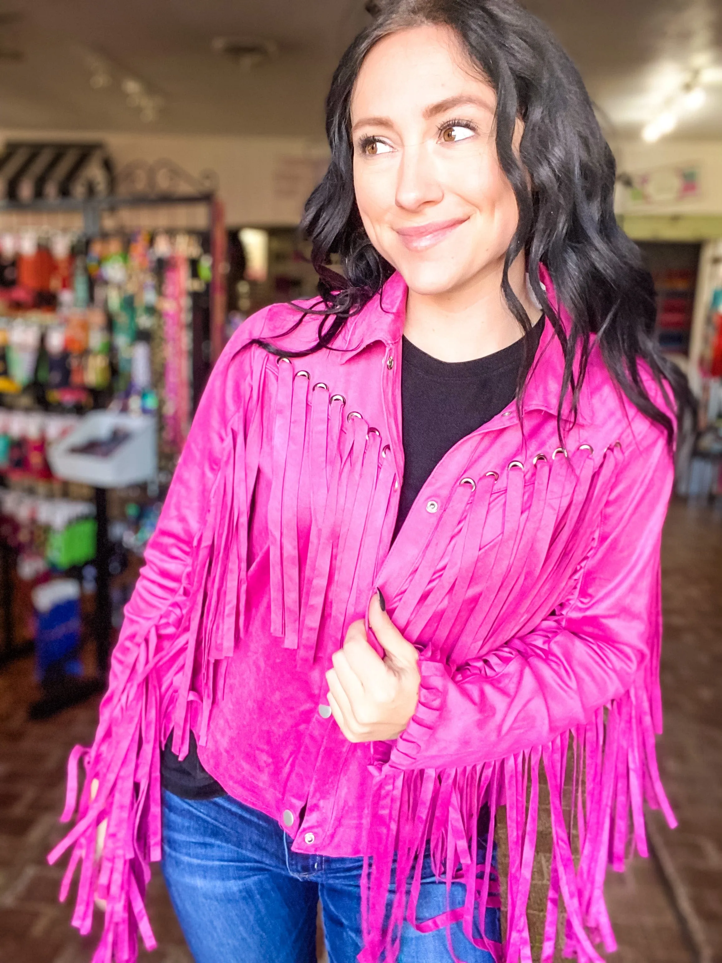 Faux Suede Fringe Jacket-Pink