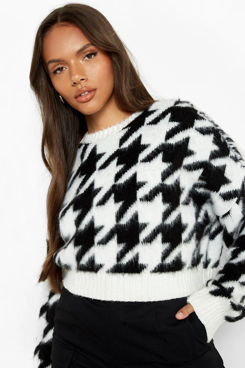 Fluffy Knit Houndstooth Sweater