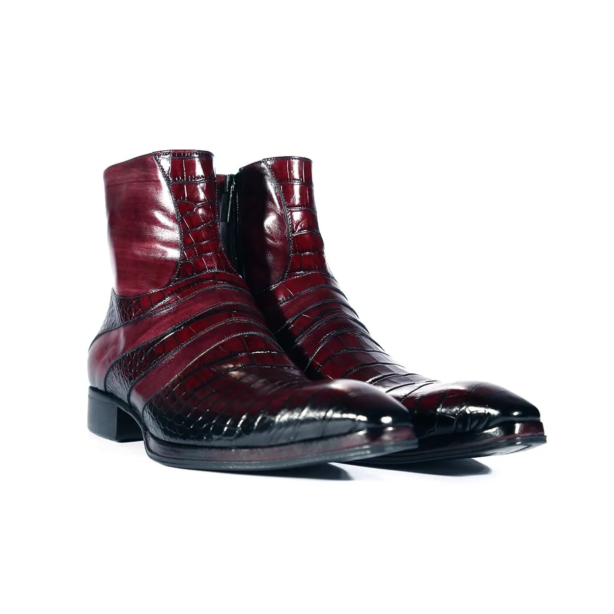 Jo Ghost 2727 BIS Men's Shoes Burgundy Crocodile Print / Buffalo Leather Ankle Boots (JG5302)