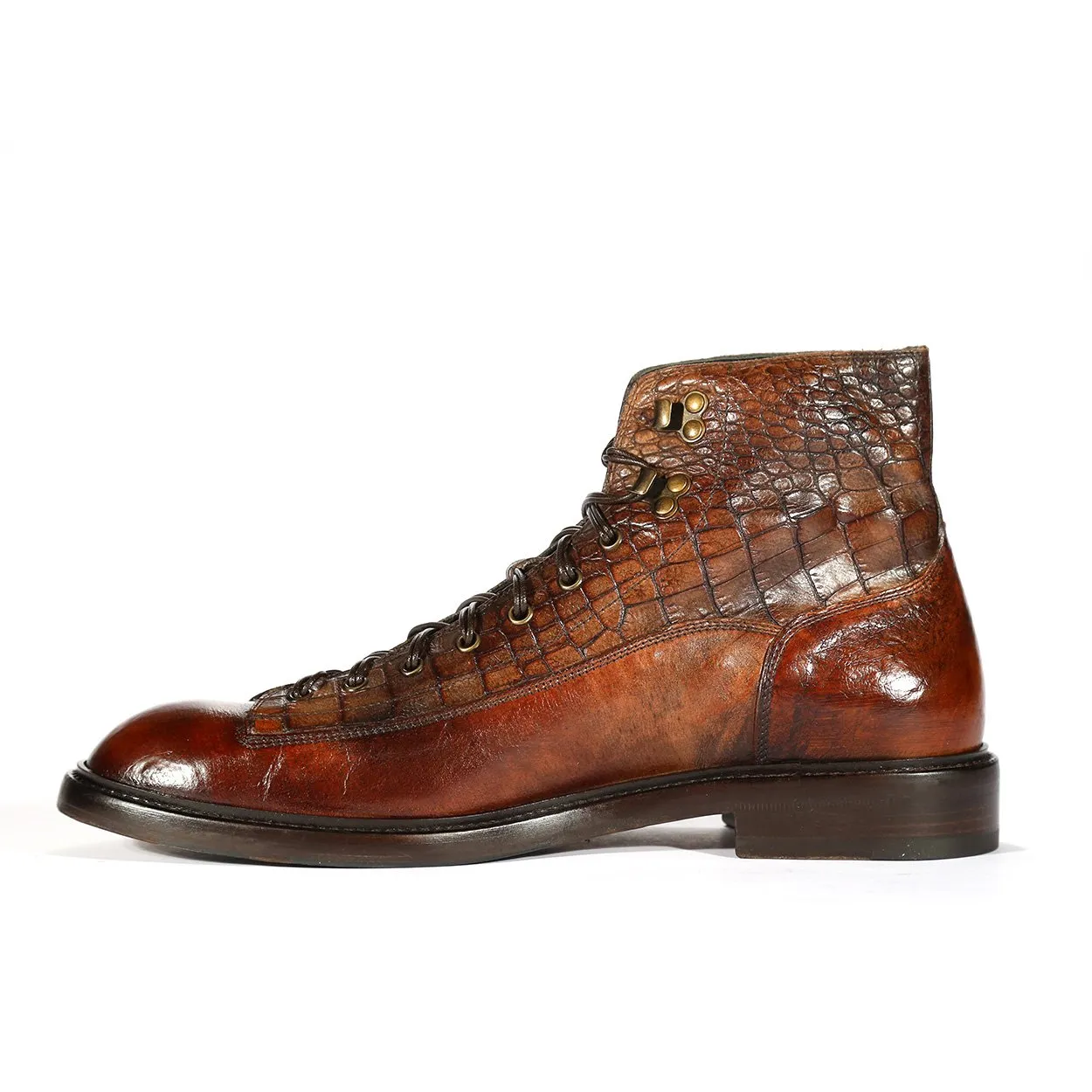 Jo Ghost 2833 Men's Shoes Brown Crust Crocodile Print / Buffalo Leather Boots (JG5304)