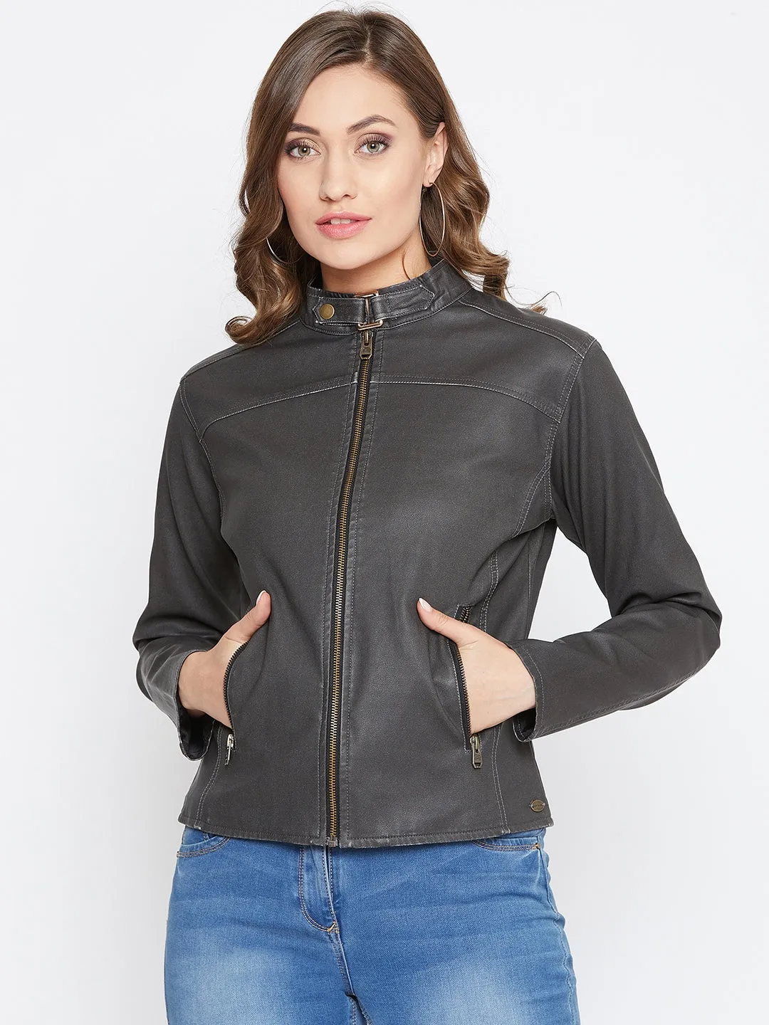 JUMP USA Women Black Solid Casual Leather Jacket