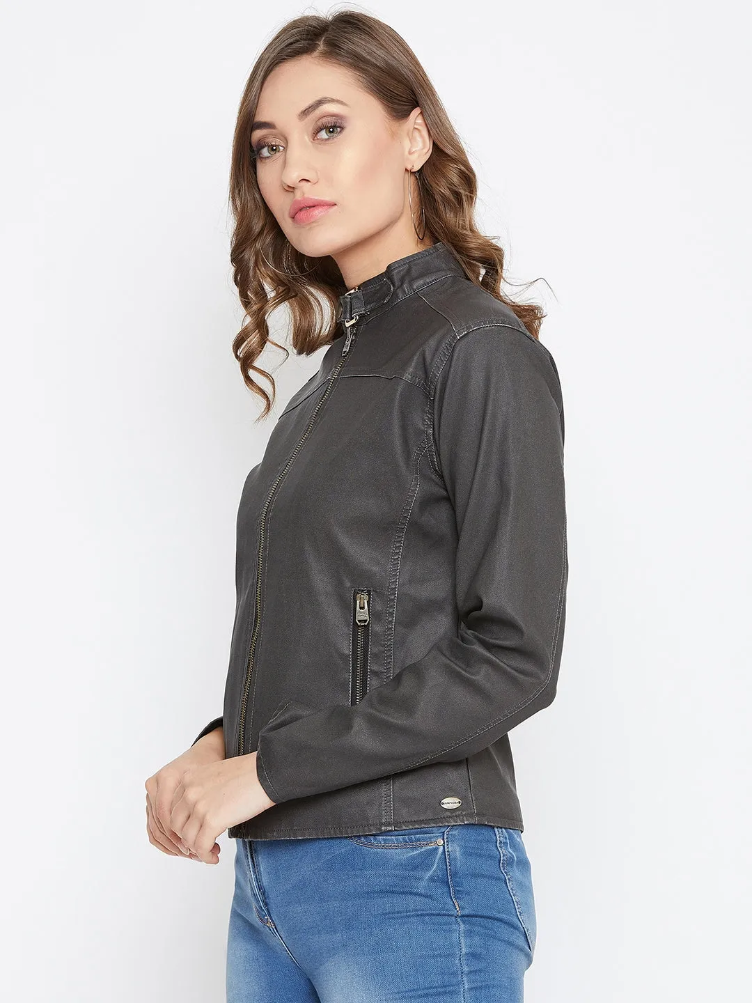 JUMP USA Women Black Solid Casual Leather Jacket