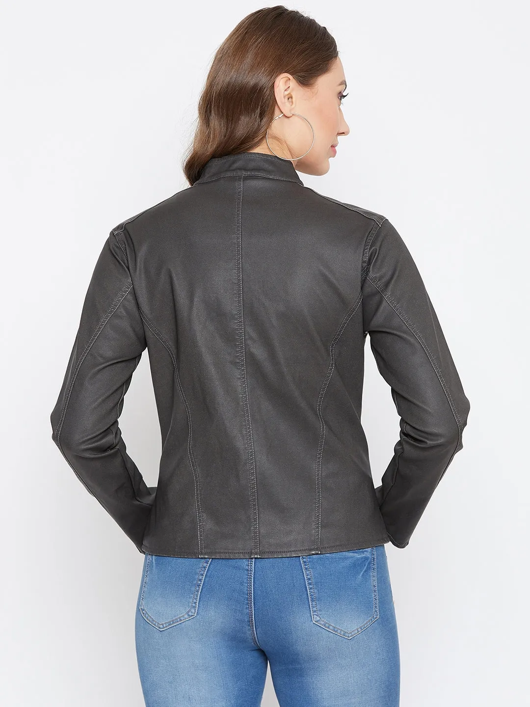 JUMP USA Women Black Solid Casual Leather Jacket